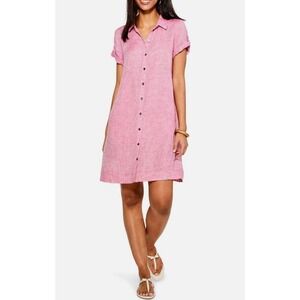 Nic+Zoe Drifty Pink Linen Shirt Dress Size S Button Front Short Sleeve Pockets